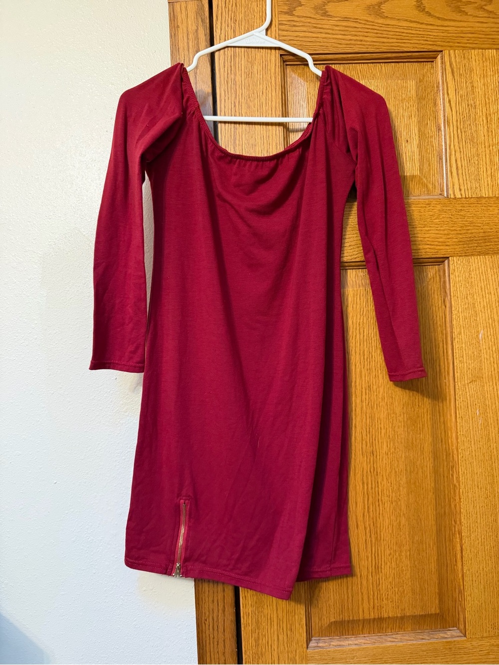 Women's Off-Shoulder Burgundy Dress with Zip Detail